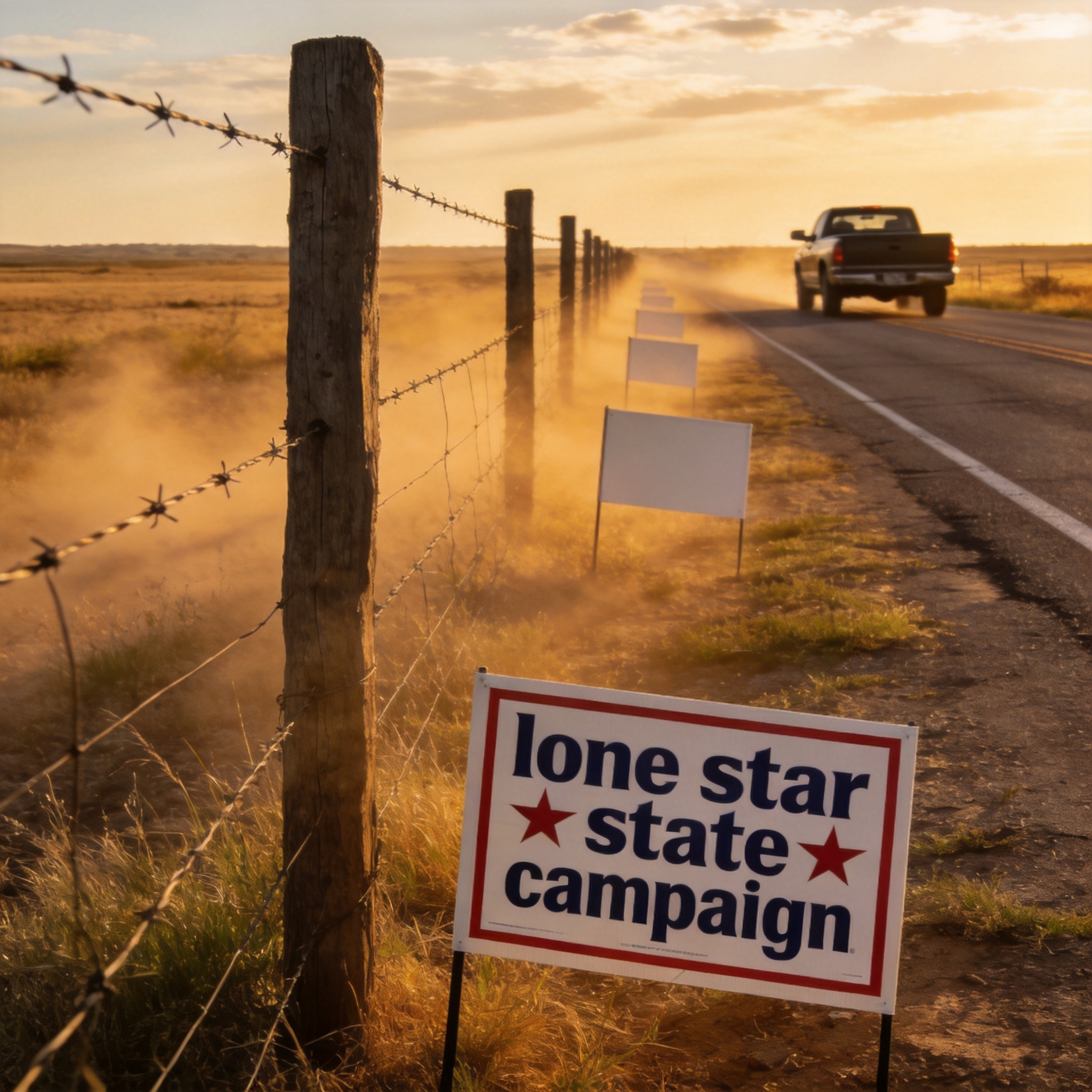 Campaign signs planted along a dusty Texas roadside